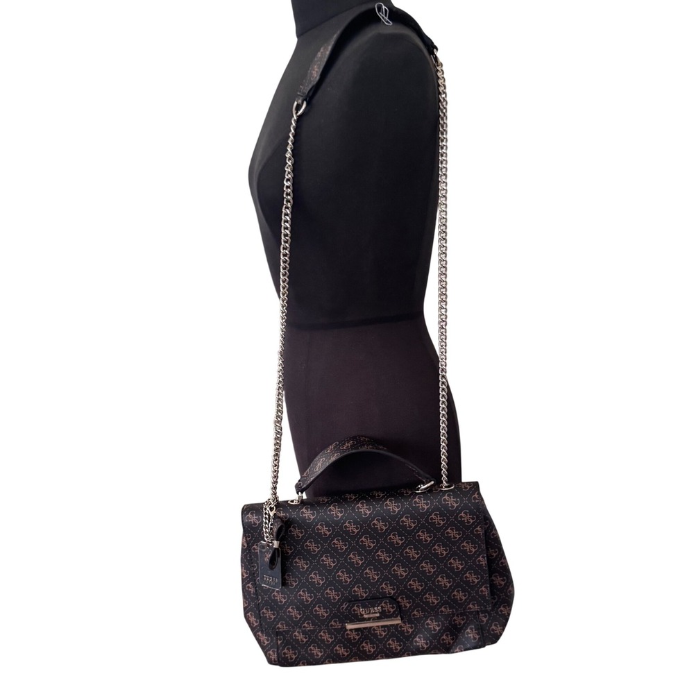 GUESS Noelle Brown Monogram Convertible‎ Crossbody Chain Strap 13x9x4" EUCEUC